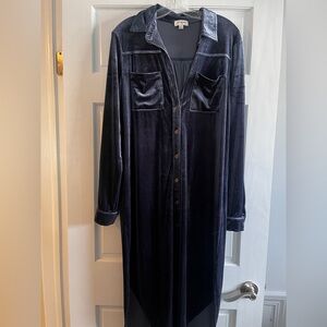 Elegant Blue Velvet Long Shirt midi Dress